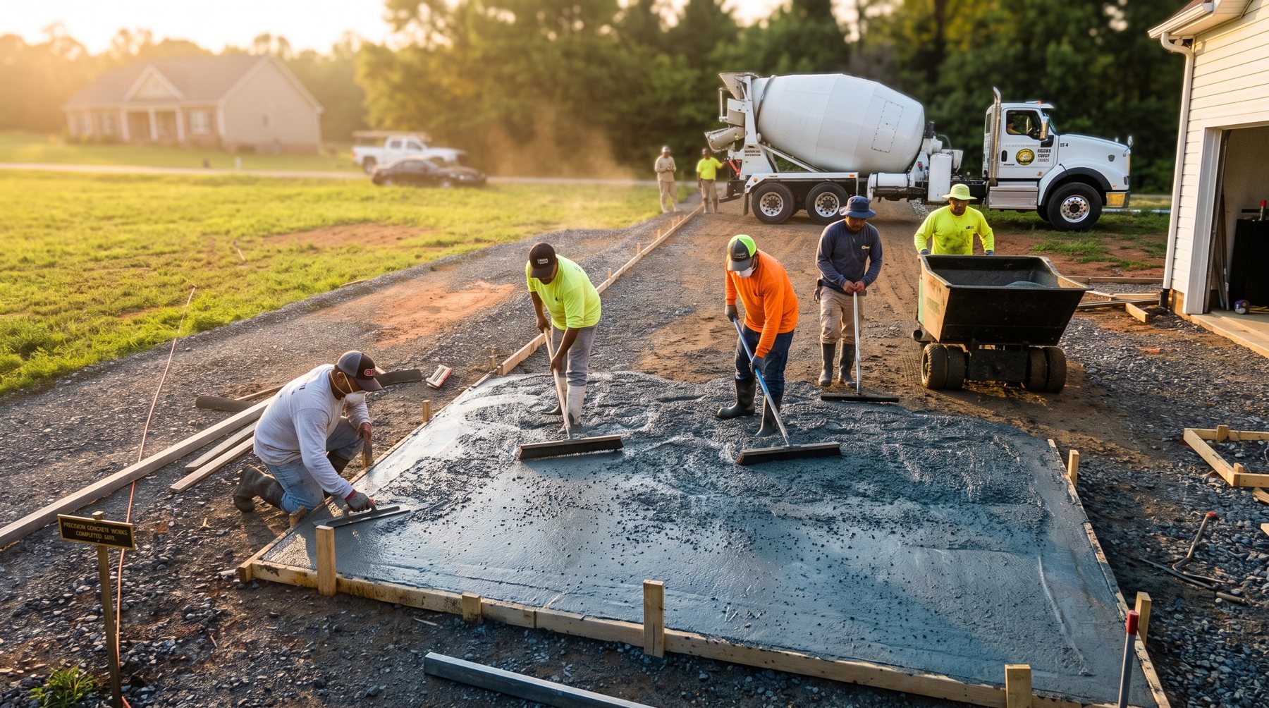 MCR Concrete Construction crew placing a residential concrete slab in Charlotte NC